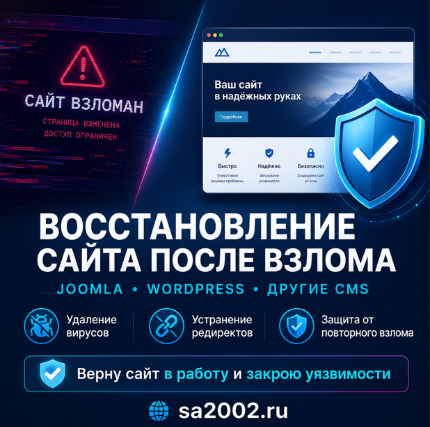 Промо-изображение услуги восстановления сайта после взлома: удаление вирусов, редиректов и защита от повторного взлома