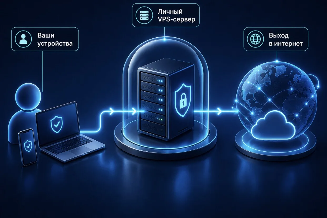 Ваши устройства подключаются через личный VPS-сервер и выходят в интернет